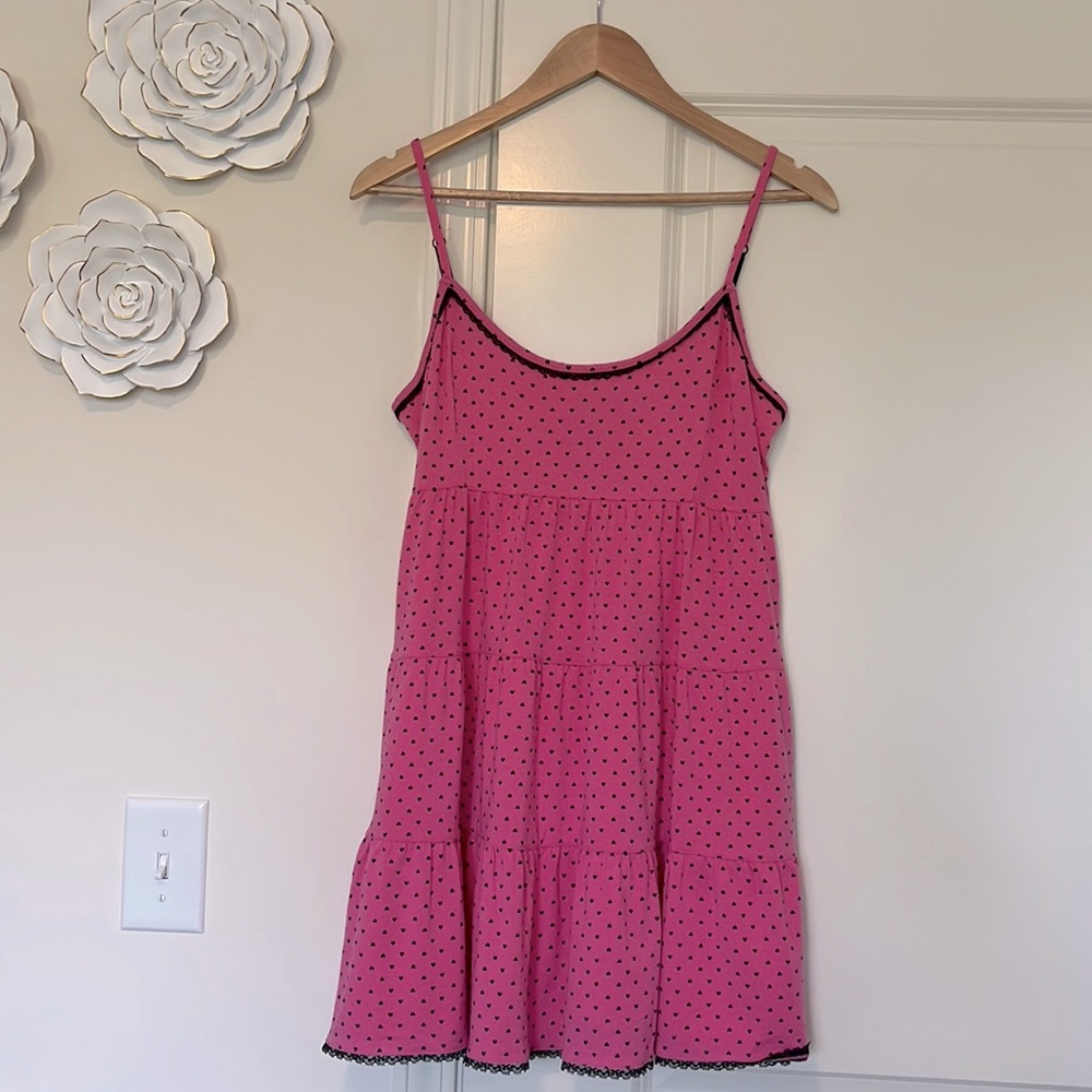 Olsenboye Babydoll Nightie Pink with Black hearts and Lace Trim Keyhole Back Bow